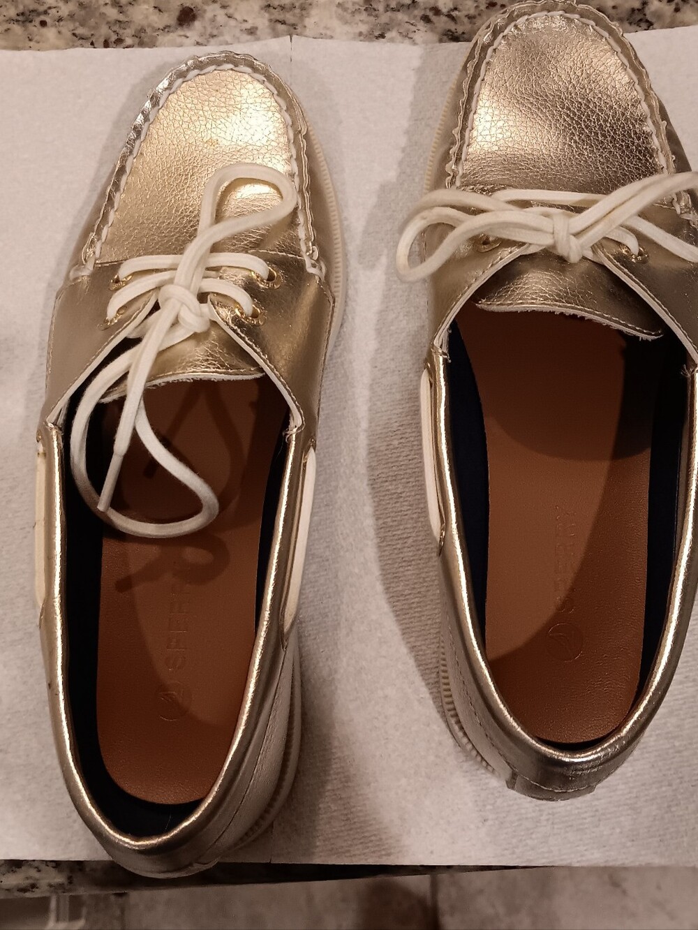 Sperry Metallic Gold Boat Shoes with White Laces